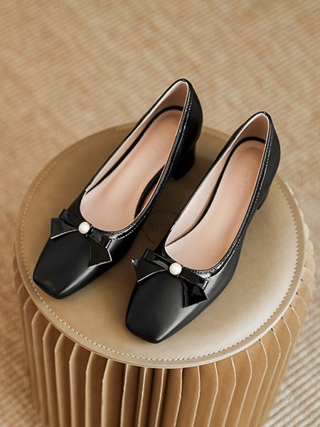 

Elegant Imitation Pearl Bowknot Square Toe Block Heel Pumps, Black, Heels