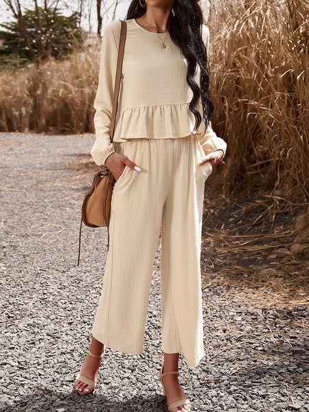 

Women Plain Crew Neck Long Sleeve Comfy Casual Top With Pants Two-Piece Set, Apricot, Sets