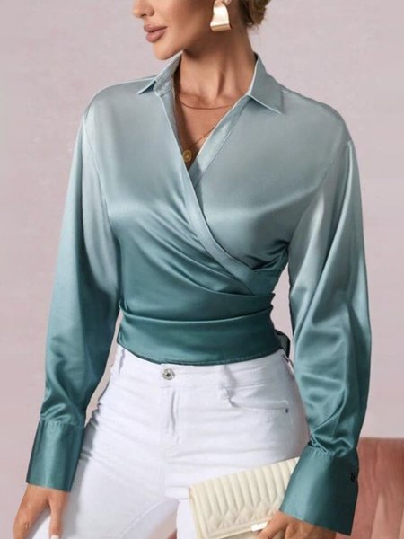 

Long Sleeve Urban Satin Ombre Regular Fit Blouse, Green, Blouses and Shirts