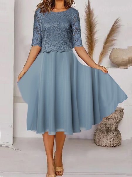 

Women Plain Crew Neck Half Sleeve Comfy Casual Lace Short Dress, Blue, Dresses