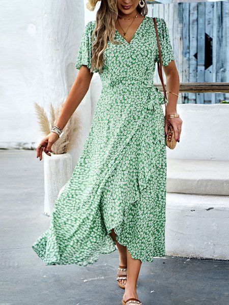 

Women Small Floral V Neck Short Sleeve Comfy Casual Maxi Dress, Green, Dresses