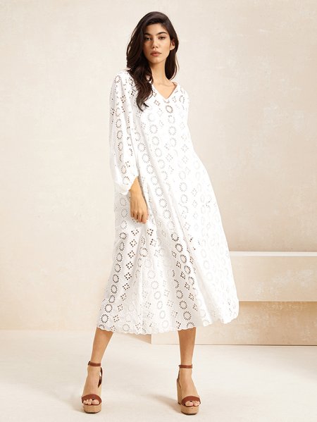 

Women Plain V Neck Half Sleeve Comfy Casual Lace Maxi Dress, White, Dresses