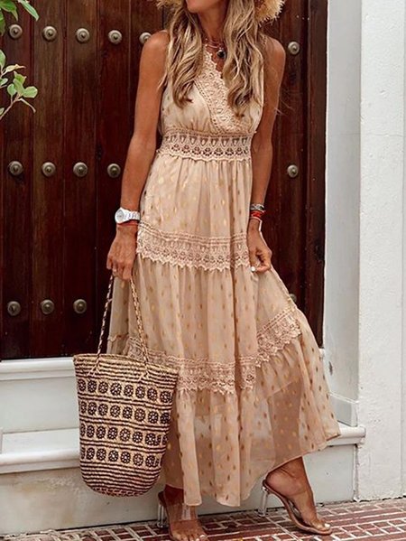 

Women Polka Dots V Neck Sleeveless Comfy Casual Lace Maxi Dress, Apricot, Dresses