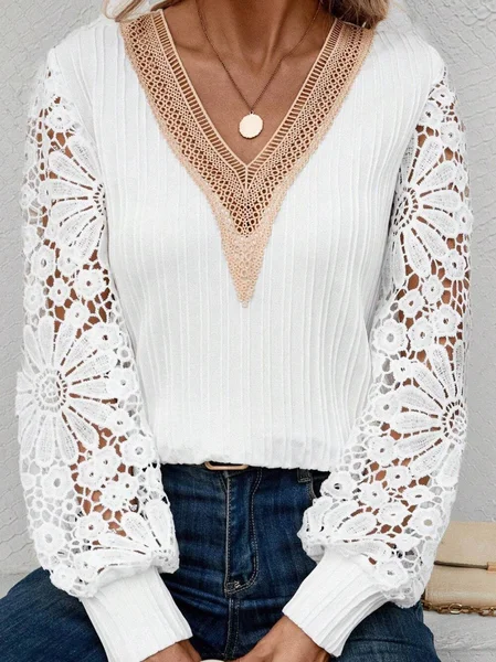 

Lace Split Joint Casual Loose Blouse, White, Shirts & Blouses