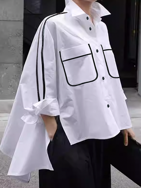 

Urban Loose Shirt Collar Long Sleeve Color Block Blouse, White, Blouses and Shirts