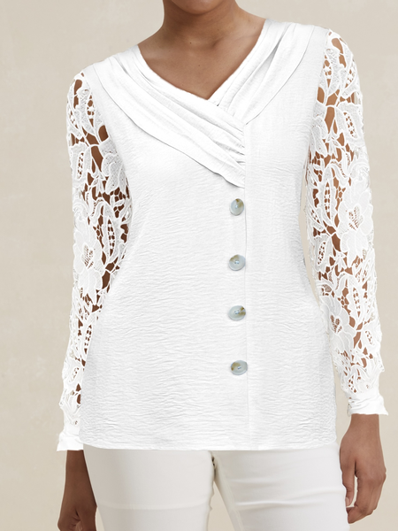 Asymmetrical Long Sleeve Plain Lace Regular Loose Blouse For Women, White, Blouses