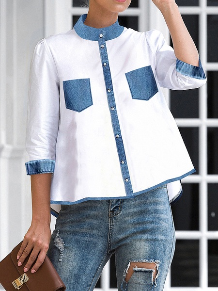 

Loose Urban Stand Collar Three Quarter Sleeve Color Block Blouse, White, Blouses and Shirts