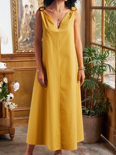 

Women Plain V Neck Sleeveless Comfy Casual Maxi Dress, Yellow, Dresses