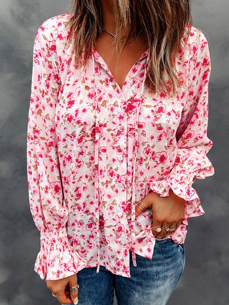 

V Neck Long Sleeve Floral Regular Loose Blouse For Women, Pink, Blouses