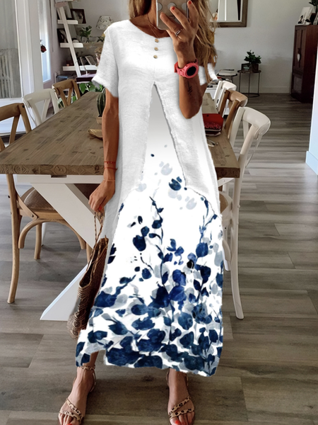 

Women Floral Crew Neck Short Sleeve Comfy Casual Maxi Dress, White, Dresses