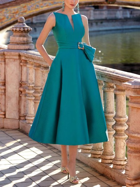

Regular Fit Notched Elegant Sleeveless Midi Dress With Belt, As picture, Midi Dresses