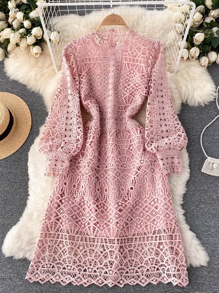 

Women Plain Stand Collar Long Sleeve Comfy Casual Lace Midi Dress, Pink, Dresses