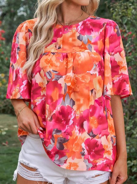 

Loose Casual Crew Neck Floral Shirt, Orange, Shirts & Blouses
