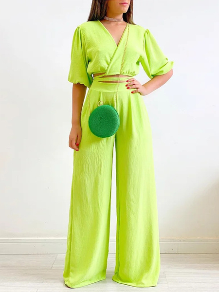 Plain Loose Elegant V Neck Two-Piece Set, Green, Suit Set
