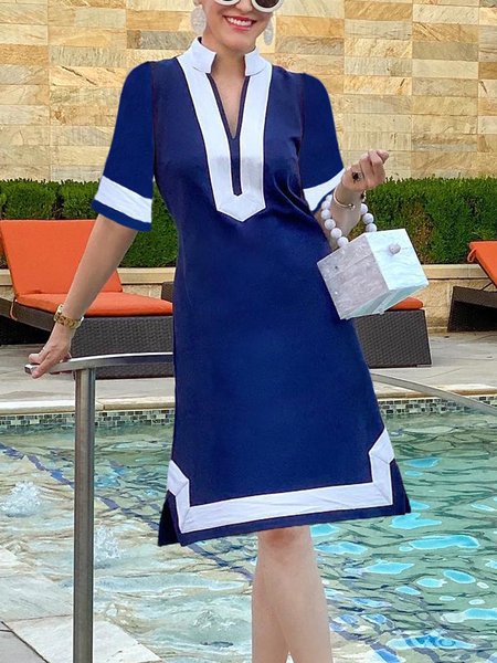 

Color Block Urban Regular Fit Stand Collar Shirt Dress, Blue, Midi Dresses