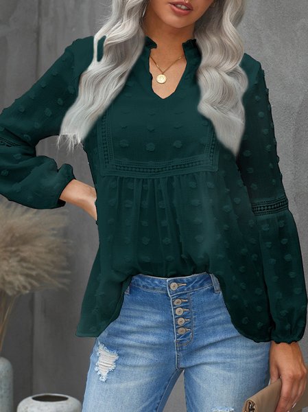 

V Neck Long Sleeve Plain Regular Loose Shirt For Women, Deep green, Blouses