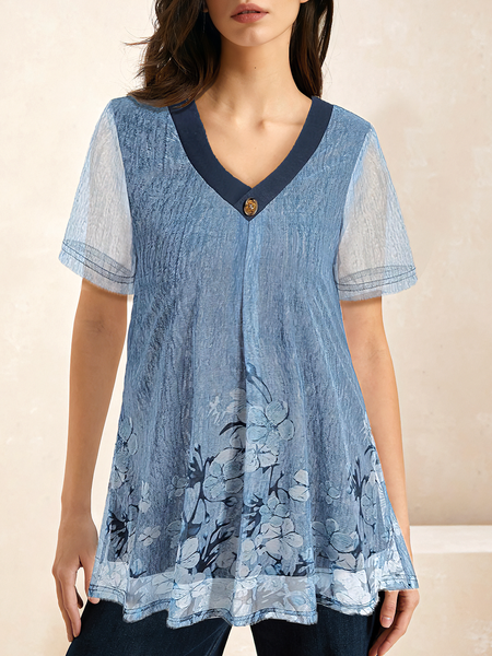 

Casual Floral V Neck Short Sleeve T-shirt, Blue, T-shirts