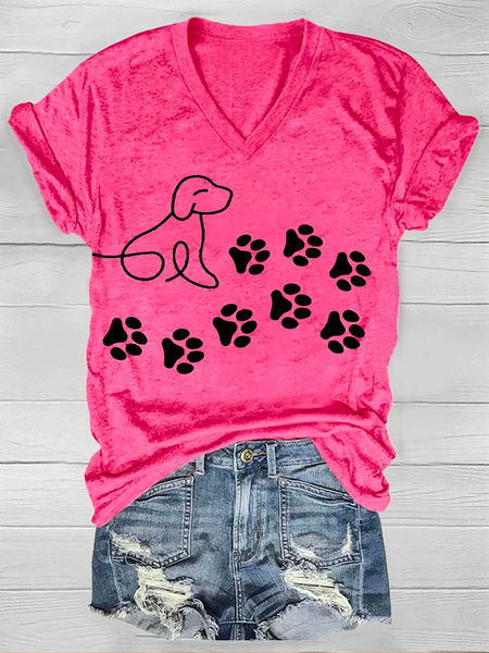 

Women's Dog Paw Print Casual Loose V Neck Dog T-Shirt, Pink, T-shirts