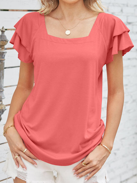 

Casual Knitted Ruffled Sleeves Loose Shirt, Pink, Shirts & Blouses