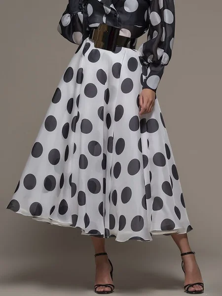 

Polka Dots Elegant Skirt With No Belt, White, Skirts