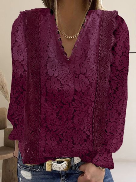

V Neck Long Sleeve Plain Regular Regular Fit Shirt For Women, Red, Blouses