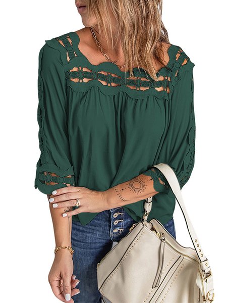 

Square Neck Three Quarter Sleeve Plain Lace Regular Loose Shirt For Women, Deep green, Blouses