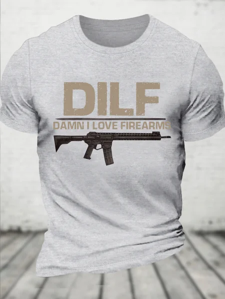 

Cotton Dilf Damn I Love Firearms Crew Neck Loose Casual Text Letters T-Shirt, Light gray, T-shirts