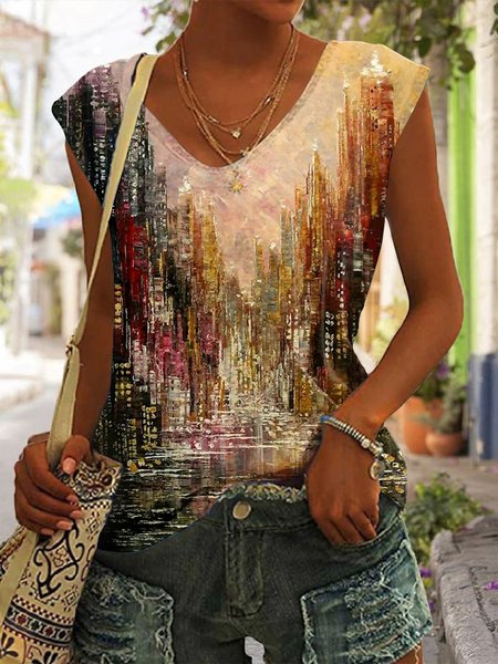 

Casual V Neck Landscape Print Loose T-Shirt, Yellow, Tanks & Camis