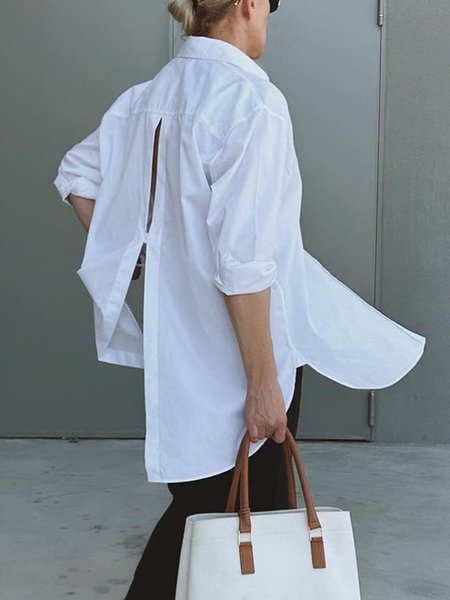 

Loose Urban Plain Shirt Collar Blouse, White, Blouses and Shirts