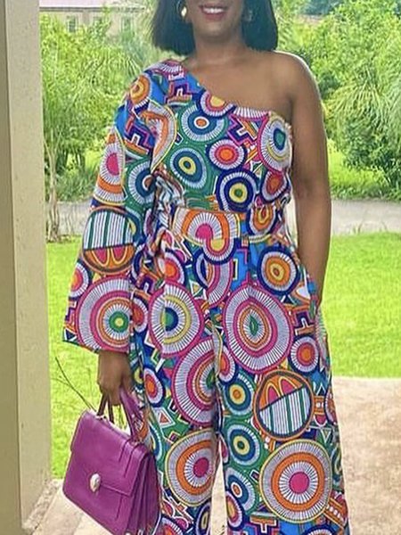 

Vacation One Shoulder Geometric Regular Fit Shirt, As picture, Blouses and Shirts