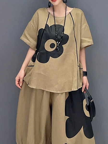 Loose Urban Crew Neck Short Sleeve Shirt, Khaki, Blouses and Shirts