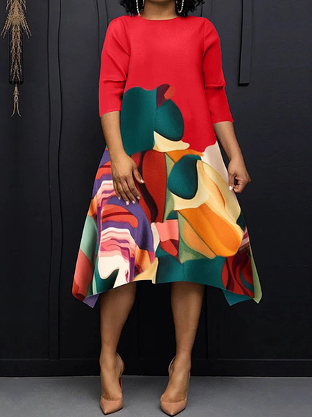 

Abstract Elegant Crew Neck Short Sleeve Loose Midi Dress, Red, Midi Dresses