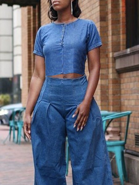 

Denim Plain Casual Crew Neck Denim Top, Blue, Tops