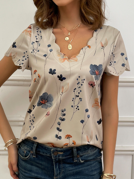 Summer Dessert Shell Neck Floral Short Sleeve T-Shirt, Khaki, Tees & T-shirts