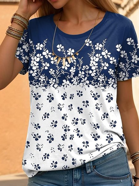 

Floral Loose Casual Crew Neck T-Shirt, White-blue, T-Shirts