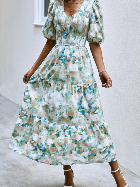 

Vacation V Neck Floral Loose Dress, Green, Dresses