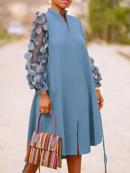 

Plain Urban Stand Collar Long Sleeve Midi Dress, Blue, Midi Dresses