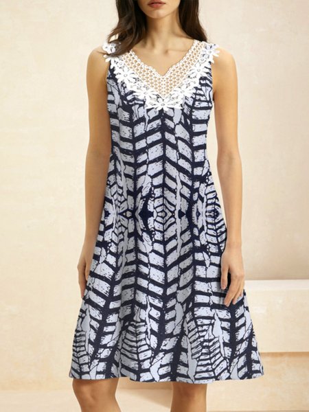 

Women Abstract Stripes Lace Collar Sleeveless Comfy Casual Lace Short Dress, Black-white, Dresses