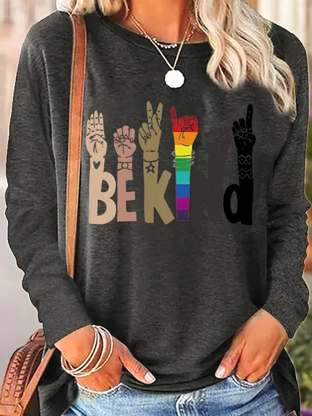 

Womens Be Kind Print Casual Top, Gray, Long sleeves