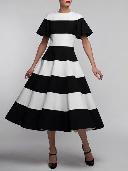 

Crew Neck Regular Fit Striped Elegant Dress, Black-white, Midi Dresses