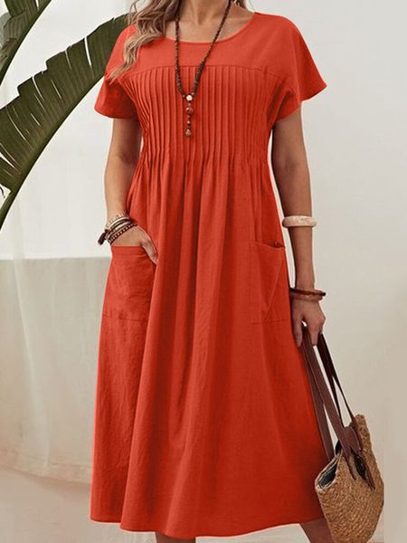 

Linen Plain Pocket Stitching Cotton And Linen Dress, Orange, Dresses