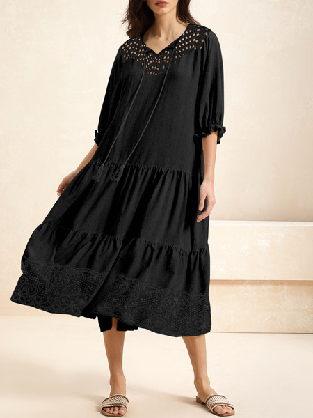 

Women Plain V Neck Short Sleeve Comfy Casual Lace Maxi Dress, Black, Dresses