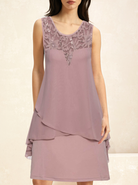 Women Plain Crew Neck Sleeveless Comfy Casual Lace Short Dress, Pink, Dresses