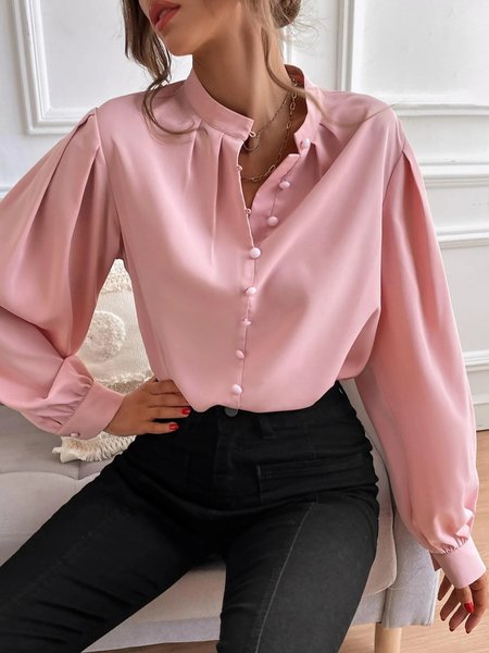 

Stand Collar Long Sleeve Plain Regular Loose Blouse For Women, Pink, Blouses