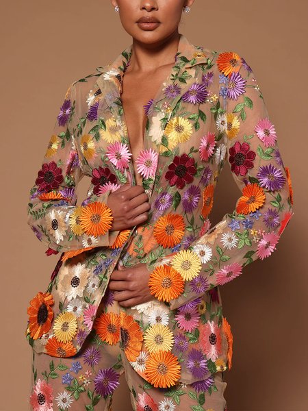 

Lapel Collar Regular Fit Elegant Floral Blazer, As picture, Blazers