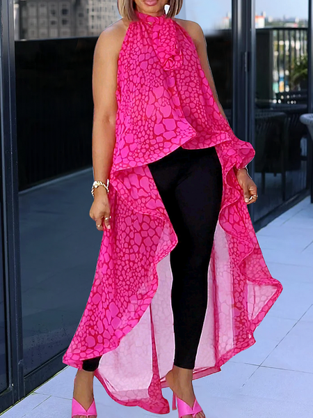 

Others Loose Elegant Leopard Sleeveless Long Shirt, Rose red, Blouses and Shirts
