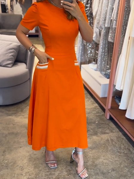 

Daily Crew Neck Regular Fit Pockets Short Sleeve Dress, Orange, Maxi Dresses