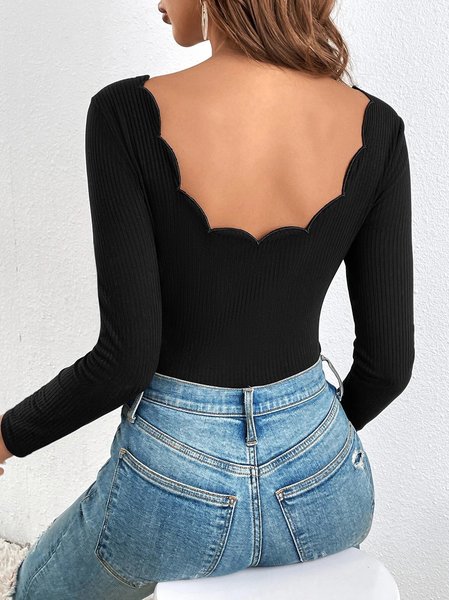 Crew Neck Long Sleeve Plain Regular Micro-Elasticity Regular Fit Shirt For Women, Black, Blouses