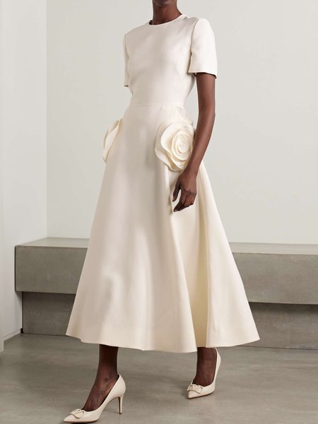 

Women's Short Sleeve Summer Plain Applique Dress Crew Neck Commuting Going Out Urban Midi X-Line, Off white, Dresses
