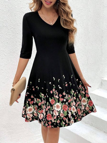 Women Floral V Neck Half Sleeve Comfy Casual Short Dress, Black, Dresses